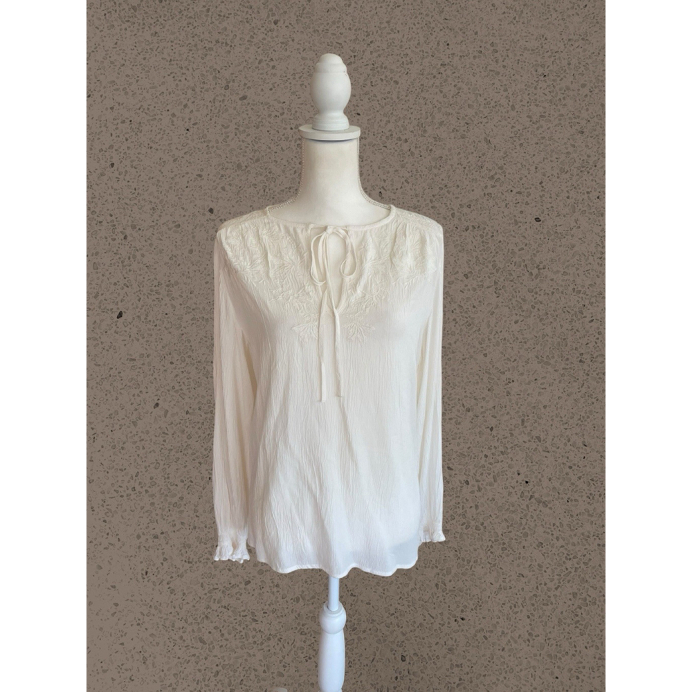 Knox Rose Peasant Boho Embroidered Blouse Tie Neck White Size XS